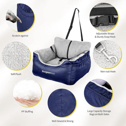 Portable Dog Car Seat for Small Pets Under 25 lbs - Fully Detachable, Washable, Soft Booster Seat with Storage Pockets and Clip-On Leash, Blue