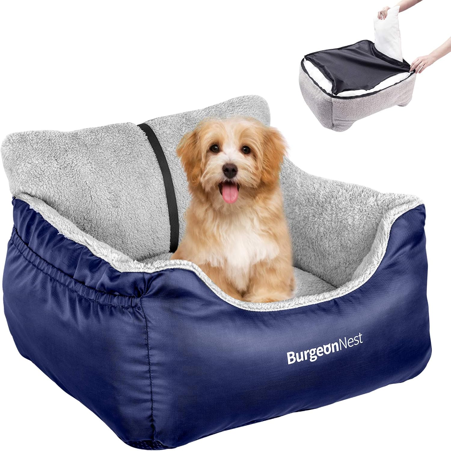 Portable Dog Car Seat for Small Pets Under 25 lbs - Fully Detachable, Washable, Soft Booster Seat with Storage Pockets and Clip-On Leash, Blue
